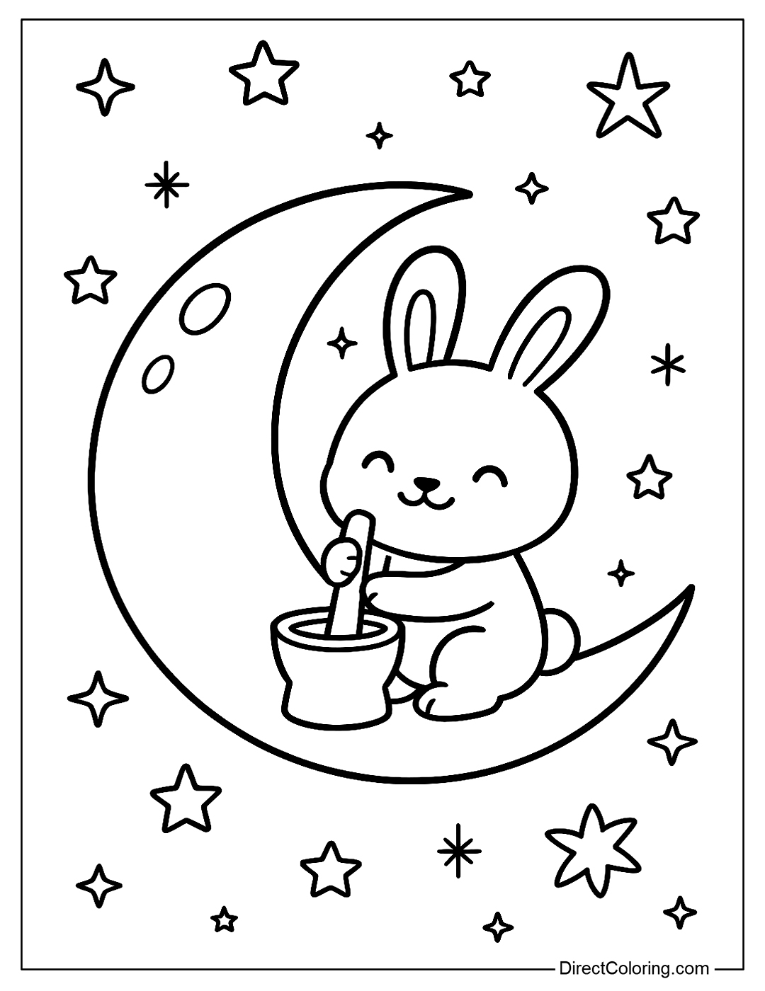 A lovely rabbit pounding rice on the moon, with a sparkling starry sky as a background